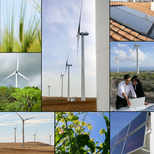 Collage of green energy, including wind turbines and solar panels