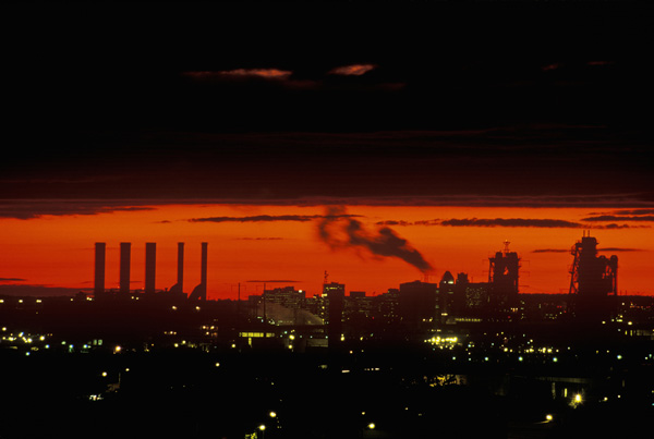 Industrial pollution sunset over Newark, New Jersey