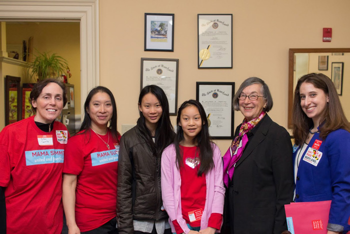 Sen. Karen Montgomery meeting with her constituents (from left to right) Susan Carrillo, Ling Tan and her two daughters, Sen. Montgomery, and Rebecca Rehr.