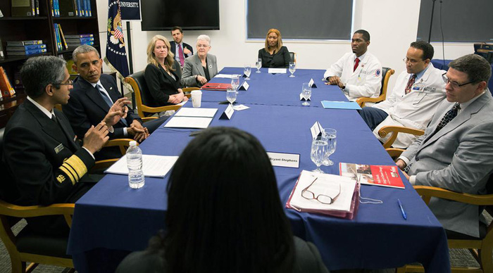 MCAF volunteer, Eneshal Miller (center) joins President Obama, EPA Administrator Gina McCarthy, and Surgeon General Vivek Murthy to discuss climate change and health at Howard University.