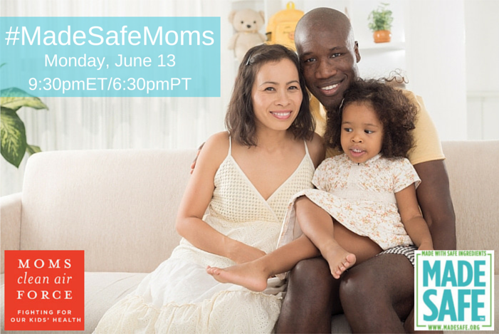#MadeSafeMoms Twitter chat announcement featuring picture of parents and child.