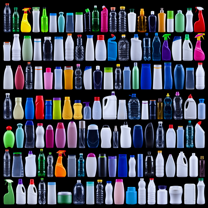 Shelf full of plastic bottles