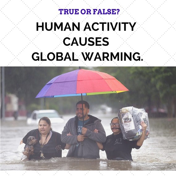 Picture of family in flood waters with question, "True or false? Human activity causes global warming"