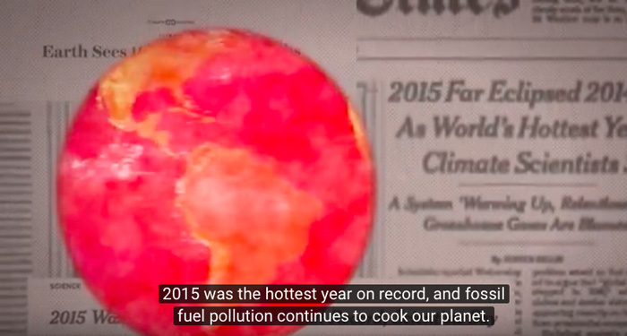 Pink and orange globe in front of newspaper with text: 2015 was the hottest year on record, an fossil fuel pollution continues to cook our planet.