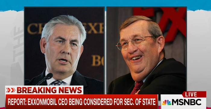 MSNBC screen shot of Exxon Mobil CEO being considered for Secretary of State
