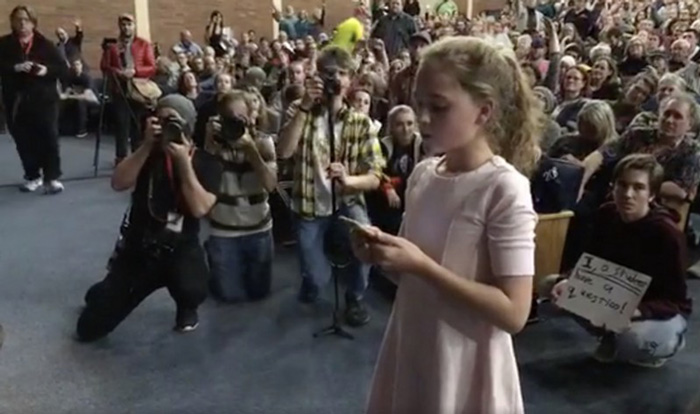 Ten-year-old Hannah Bradshaw asks Rep. Chaffetz (R-UT) a question at a Salt Lake City townhall.
