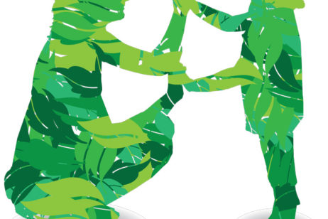 illustration of mom and child touching hands in leafy green pattern