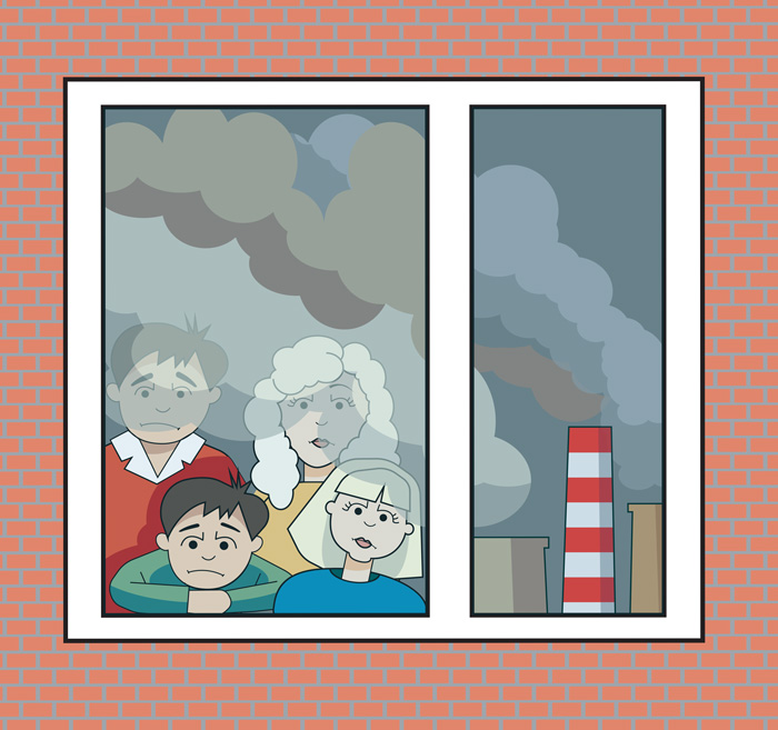 Drawing of family looking out the window at polluting power plants