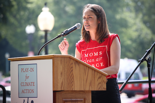 Megan Boone, mom and lead actress of the Blacklist speaks at the play-in for climate action.