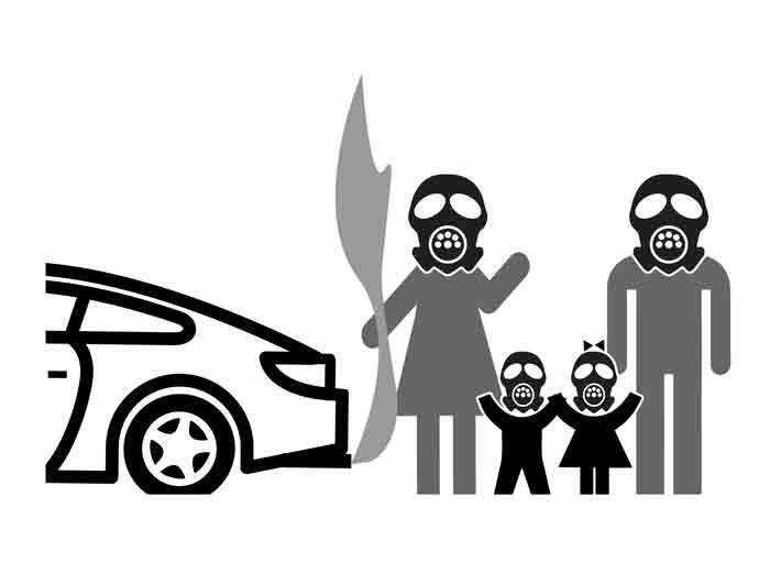 family in gas masks behind car illustration