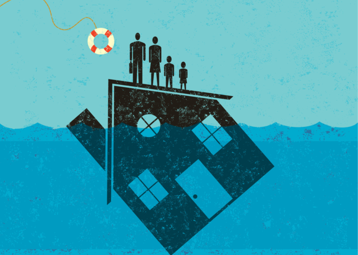 climate refugees on a sinking house graphic