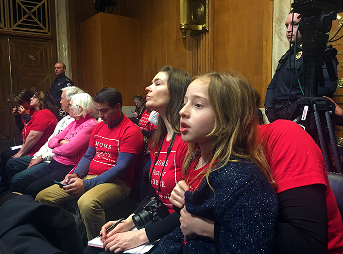 Moms Clean Air Force members and kids watch intently at the Wheeler nomination hearing. Moms are always watching!