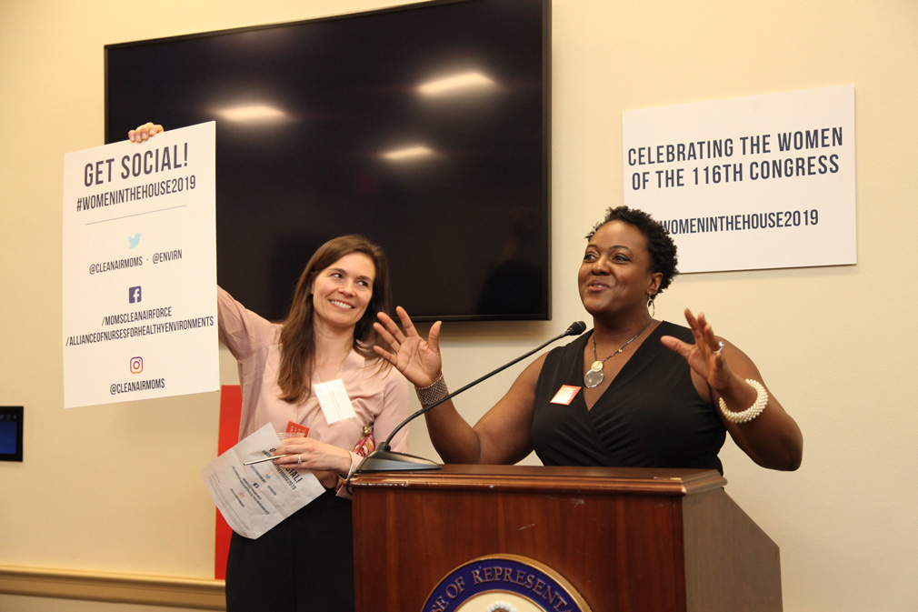 Moms Clean Air Forces, Sasha Tanenbaum and Heather McTeer-Tony ask the crowd to get social at the congresswomen reception.