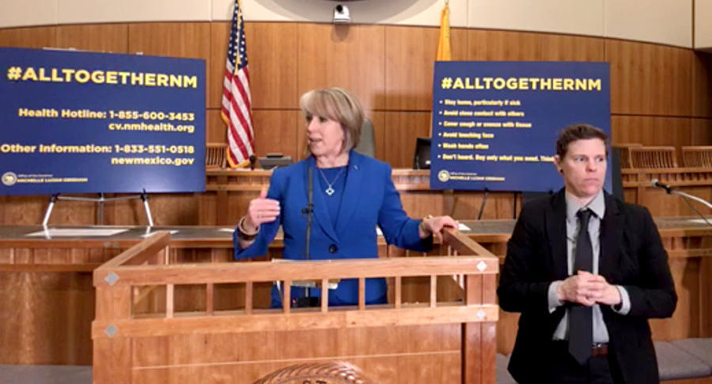 Governor Michelle Lujan Grisham provides an update on coronavirus in New Mexico from the Roundhouse in Santa Fe on Wednesday. Via Albuquerque Journal