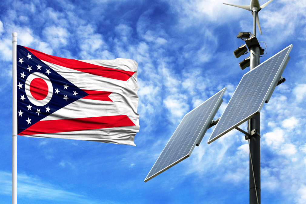Ohio flag and solar panels symbolize Power a Clean Future Ohio