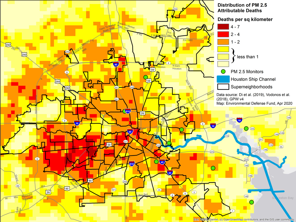 To estimate the impact of PM2.5 on premature deaths we combined the pollution concentration data with population at a resolution of 1 km2 (GPWv4), baseline mortality at the county scale from CDC WONDER databases, and a concentration response function derived from a meta-analysis of over 50 epidemiological studies of PM2.5 on all-cause mortality conducted across a wide range of exposures, including 17 studies where the mean exposure was below the current standard.