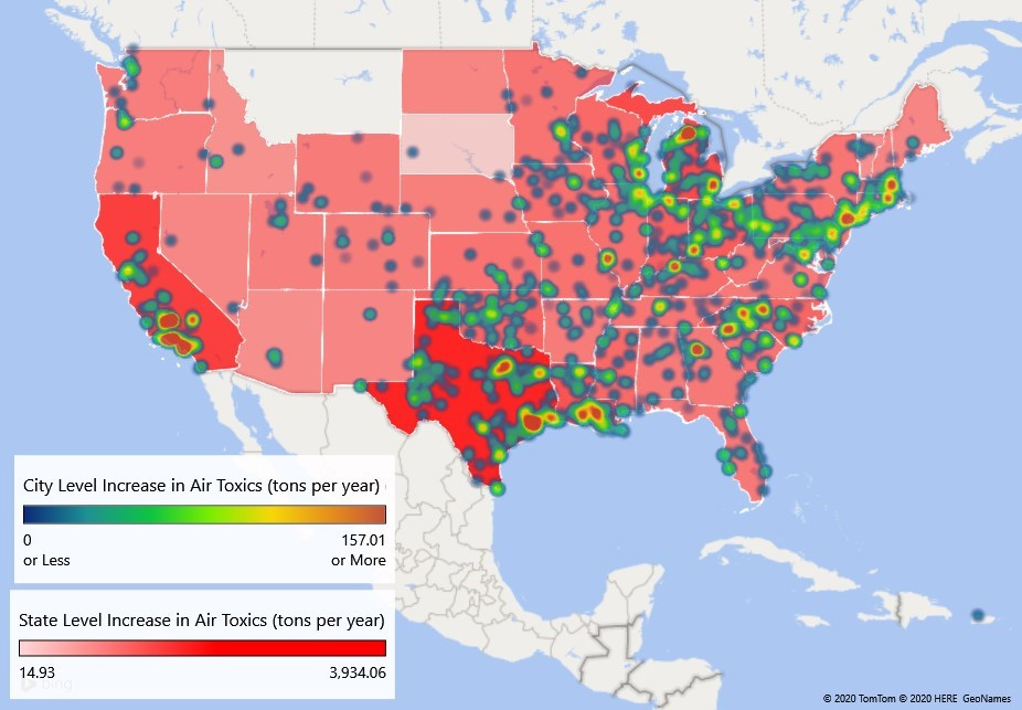 map of possible increases in air pollution from Trump's EPA and its air toxics loophole