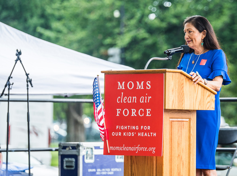 Representative Deb Haaland speaking at the Moms Clean Air Force Play-In for Climate Action 2019