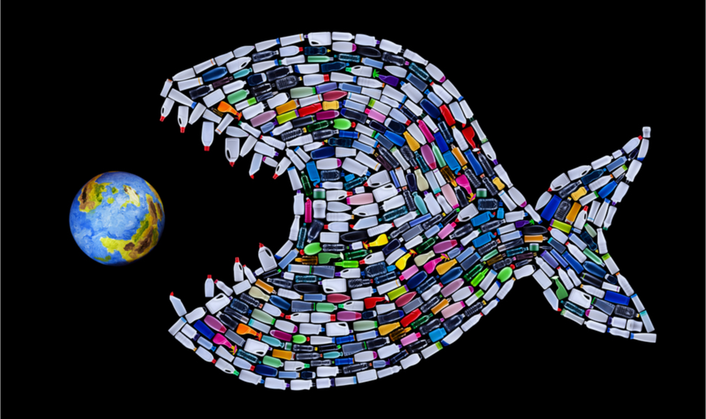 illustration of fish made of plastics and microplastics devouring the planet