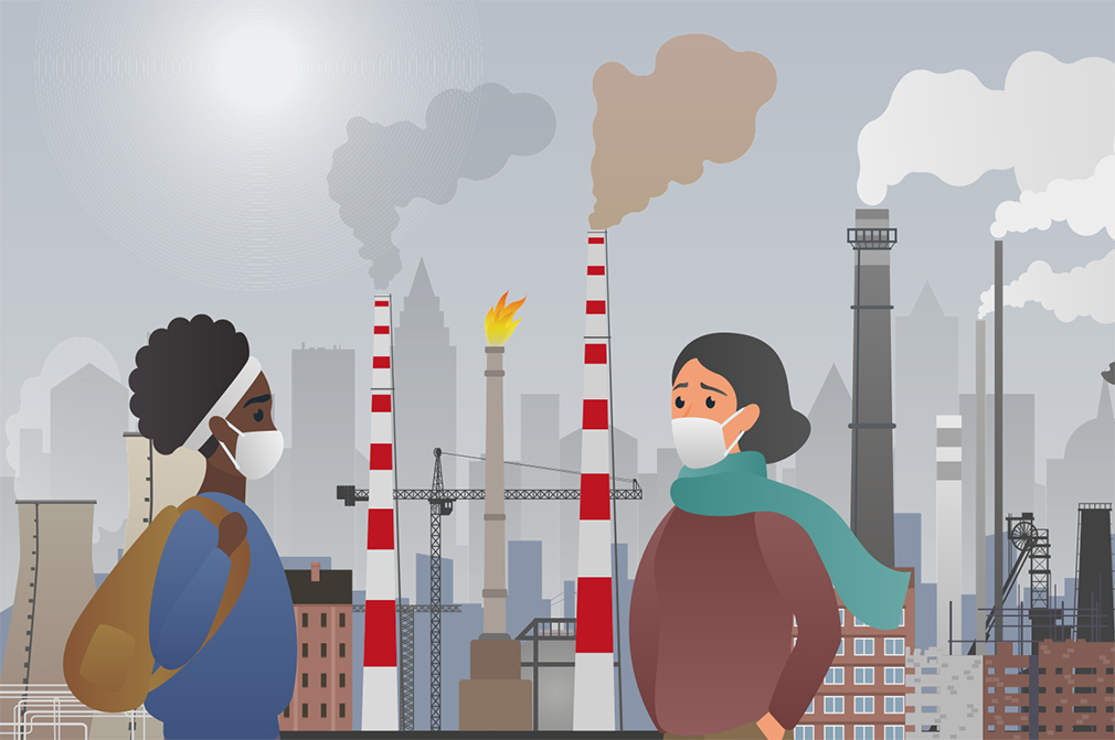 Women wearing masks standing near power plants