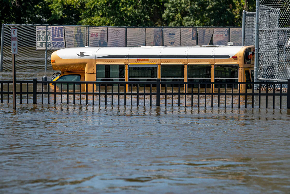 New Milford High School buses in New Jersey were submerged in flood water after Hurricane Ida. Photo: North Jersey, Sept. 2, 2021 - evidence of the extreme weather discussed in the IPCC report