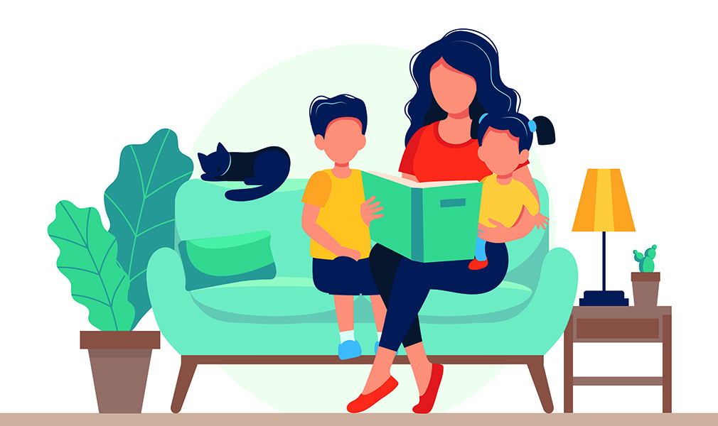 Illustration of a family reading a book, maybe about reducing their use of plastic 