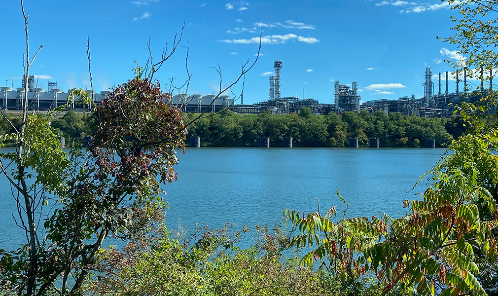 The petrochemical industry ethane cracker facility as seen from across the Ohio River