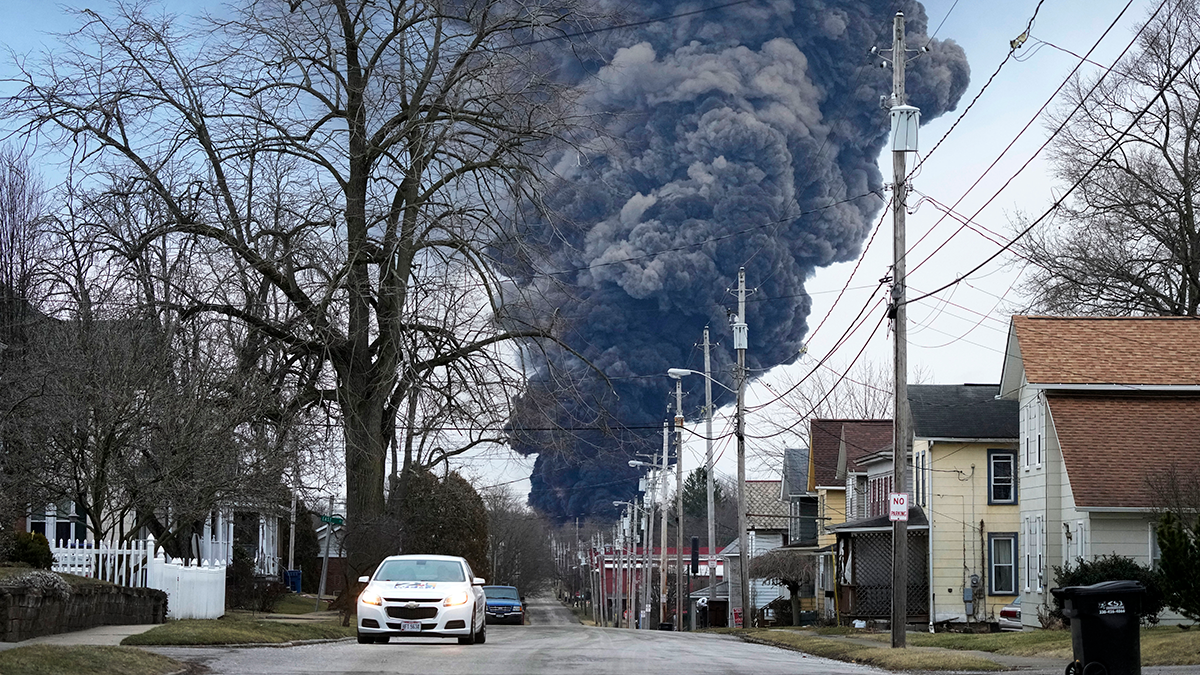 The rising smoke cloud after authorities released chemicals from the East Palestine petrochemical train derailment. AP Photo/Gene J. Puskar