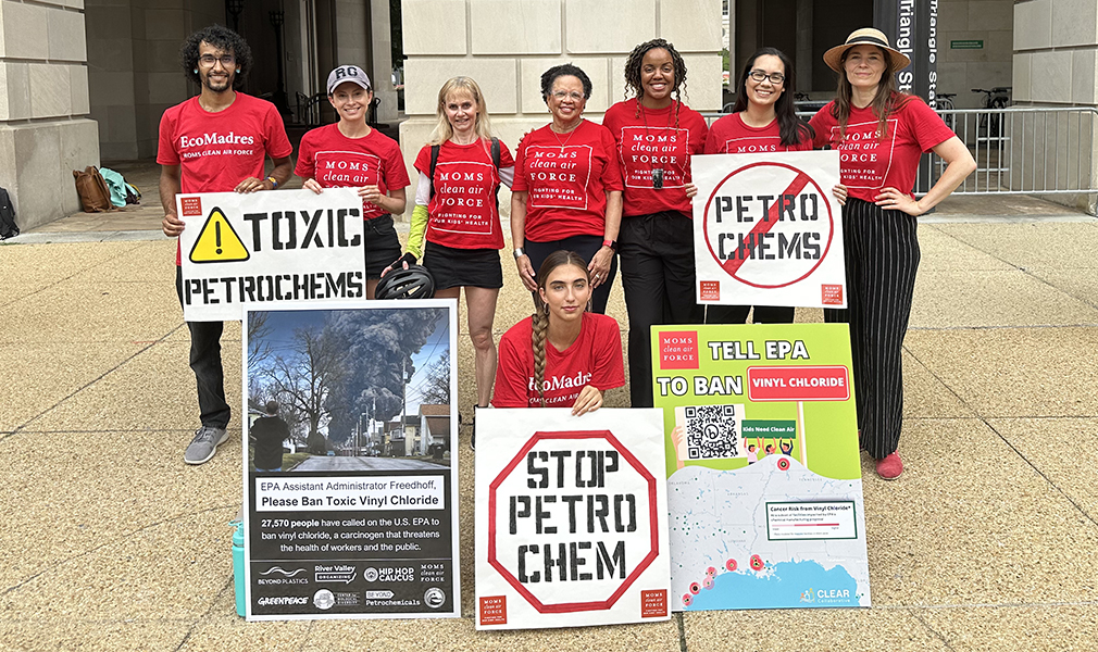 Moms Clean Air Force and our partners deliver more than 27,000 petition signatures to EPA calling on the agency to ban the toxic chemical vinyl chloride, July 2023.