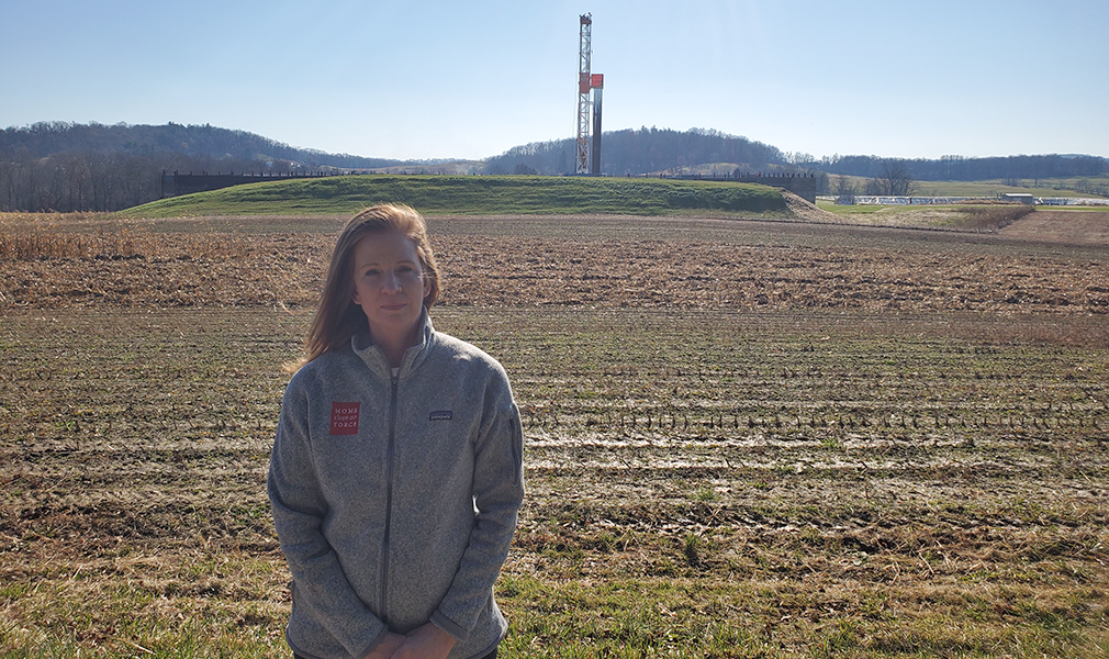 National Field Director Patrice Tomcik and new active fracking in her community, November 2023. Patrice is celebration new methane pollution protections.
