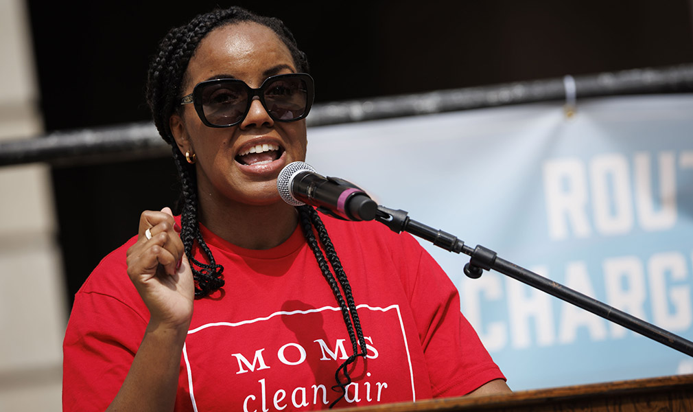 Stephanie Reese speaks a press conference about the health benefits of reduced tailpipe pollution, cleaner air, and the transition to zero-emission vehicles, Washington, DC, June 2023.