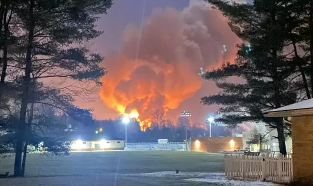 The view from Misti Allison's home on February 3, 2023, just after a freight train derailed, releasing toxic chemicals in East Palestine, Ohio. Photo courtesy of the Allison family.