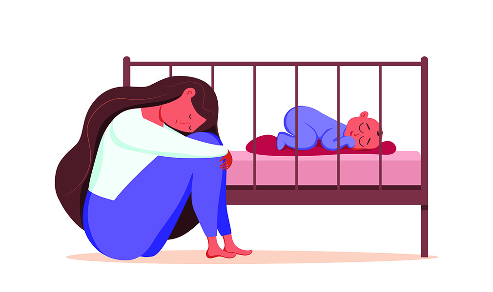 Illustration of sleeping child and mother who may be struggling with maternal mental health