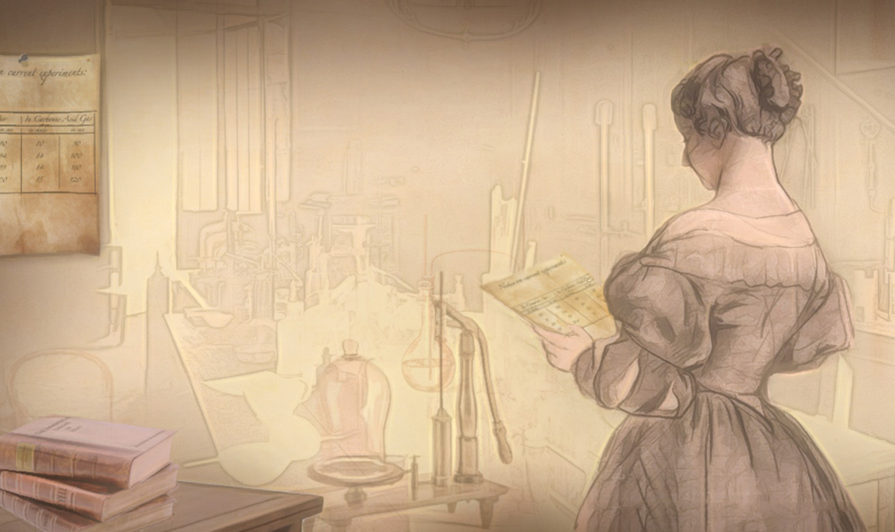 Drawing of Eunice Newton Foote in a lab by Carlyn Iverson