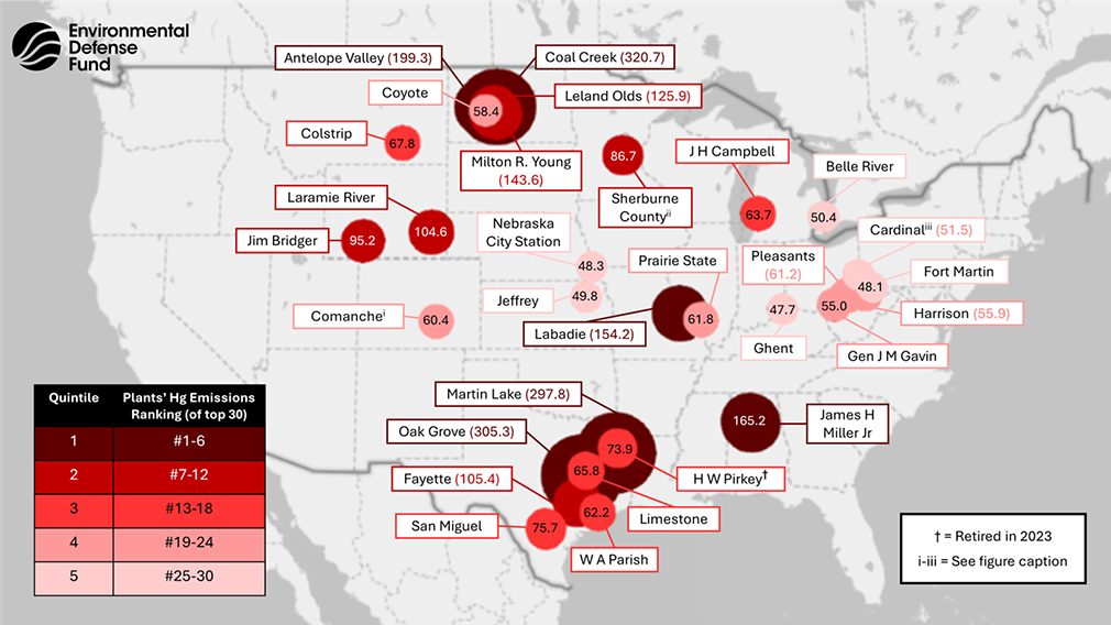 Map of coal-burning power plants with high mercury and other emissions.