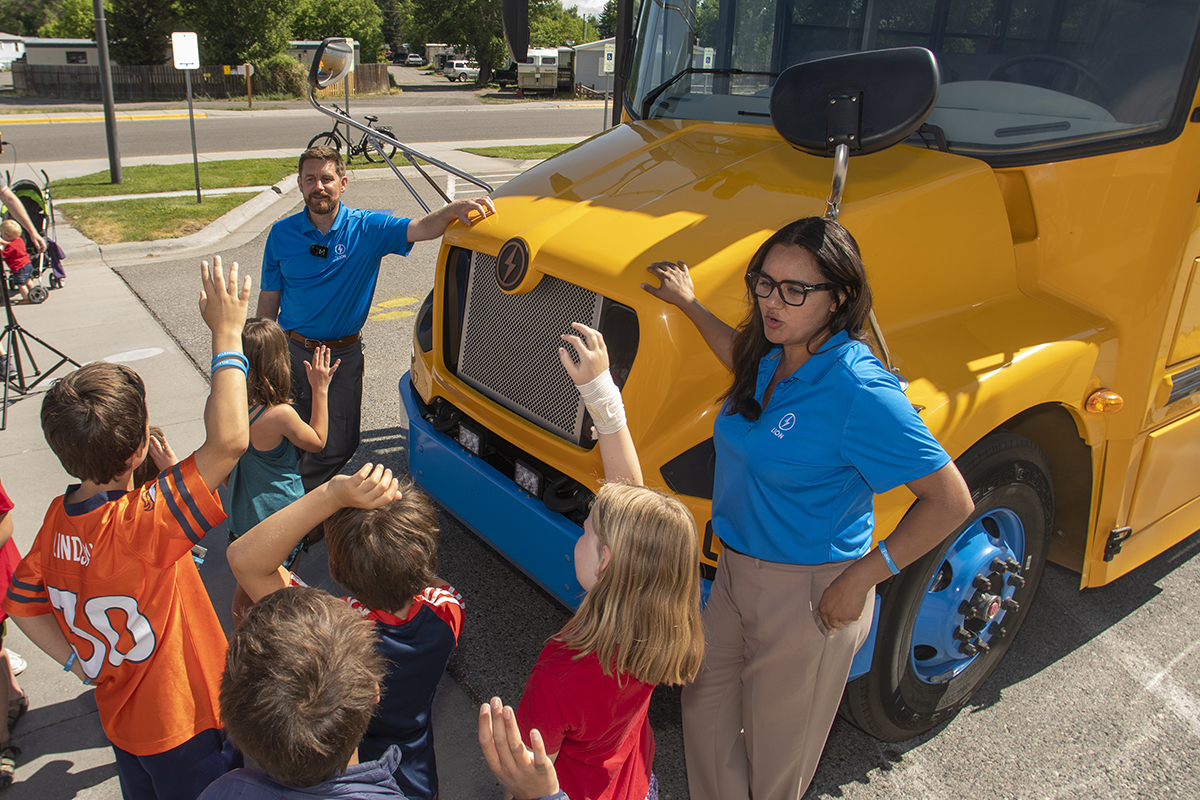 Children learn about electric school buses in Montana, June 2021.
