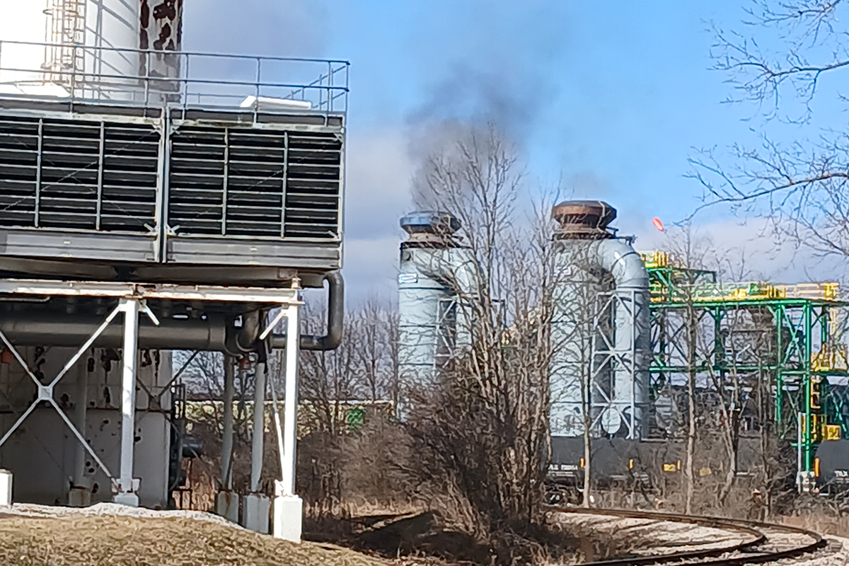 Dark plumes from the stacks at the Freepoint Eco-Systems "advanced recycling" plastic burning facility in Hebron, Ohio
