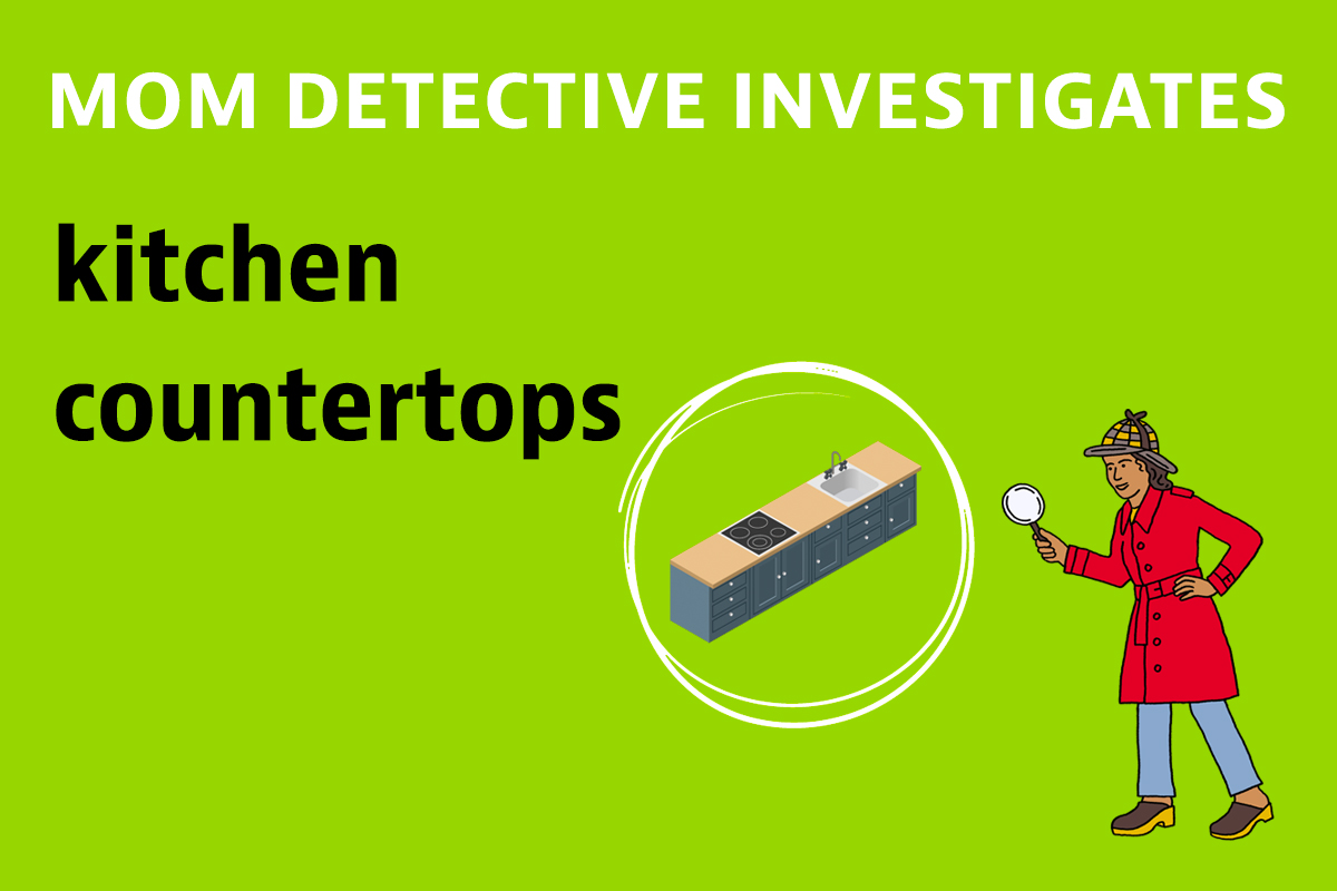 Mom detective investigates kitchen countertops (illustration)