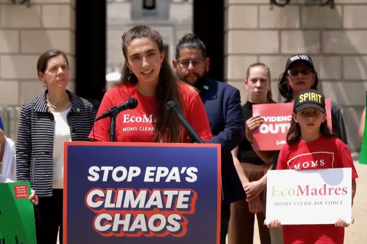 Moms' Danielle Berkowitz-Sklar speaks at a press conference condemning EPA for moving to rescind the legal foundation for climate pollution protections