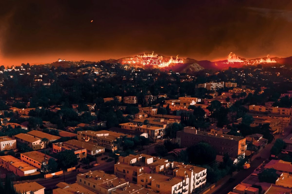 wildfire burns outside city