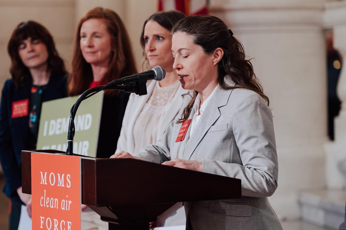 Rachel Meyer gives remarks at a press event
