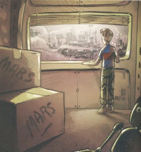Illustration of Jimmy looking at a polluted, overcrowded Earth from the book Mars, Jimmy and Me