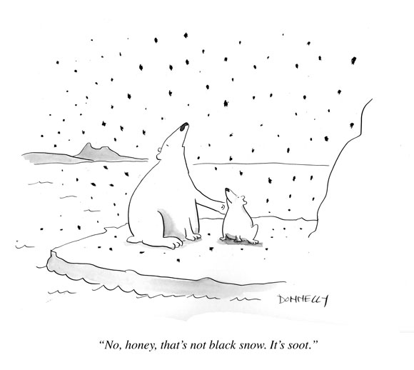 cartoon showing a mother and baby polar bear looking up at a sky of falling black particles. The tagline reads: no, honey, that's not black snow. It's soot. 