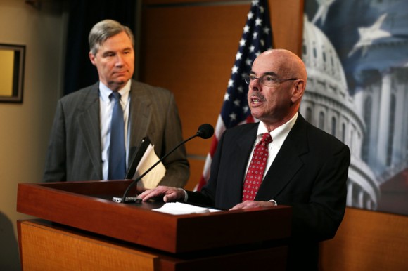 Bicameral task force on climate change creators Sen. Sheldon Whitehouse and Rep. Henry Waxman at podium