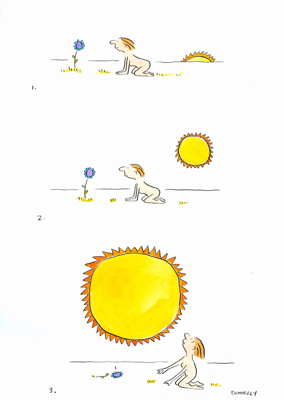 cartoon showing sun rising and slowly causing flower to wilt