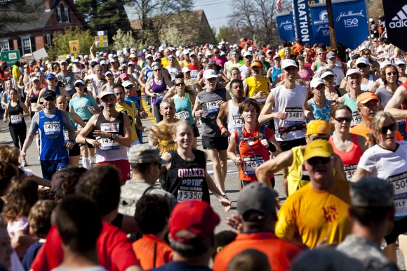 Photo of a large group of runners at the boston marathon 