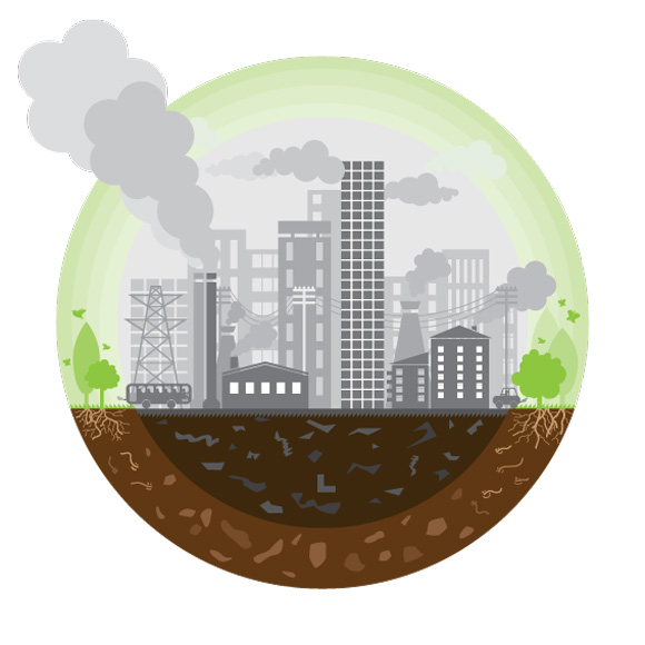 Graphic of a city full of carbon pollution emitting power plants