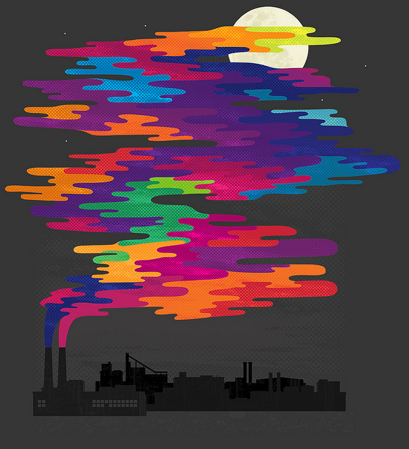 Mulitcolored smokestack pollution in front of a moon graphic