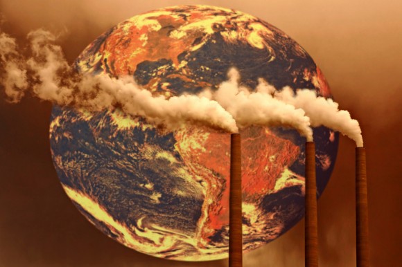 Picture of earth with three polluting smokestacks in front of it 
