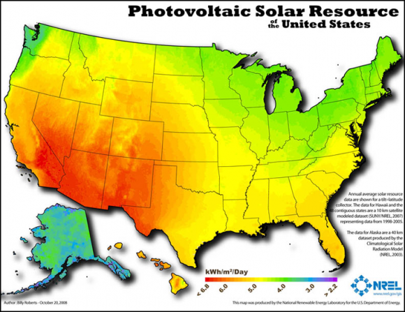 Map of photovoltaic solar resource in the United States